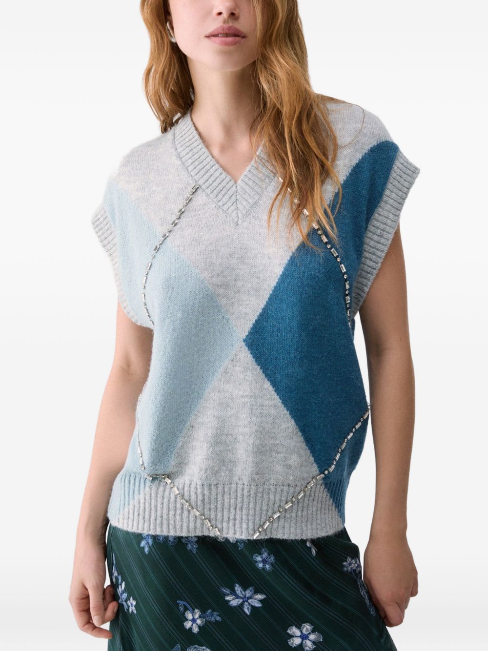 LIUJO Gilet blu a rombi con strass