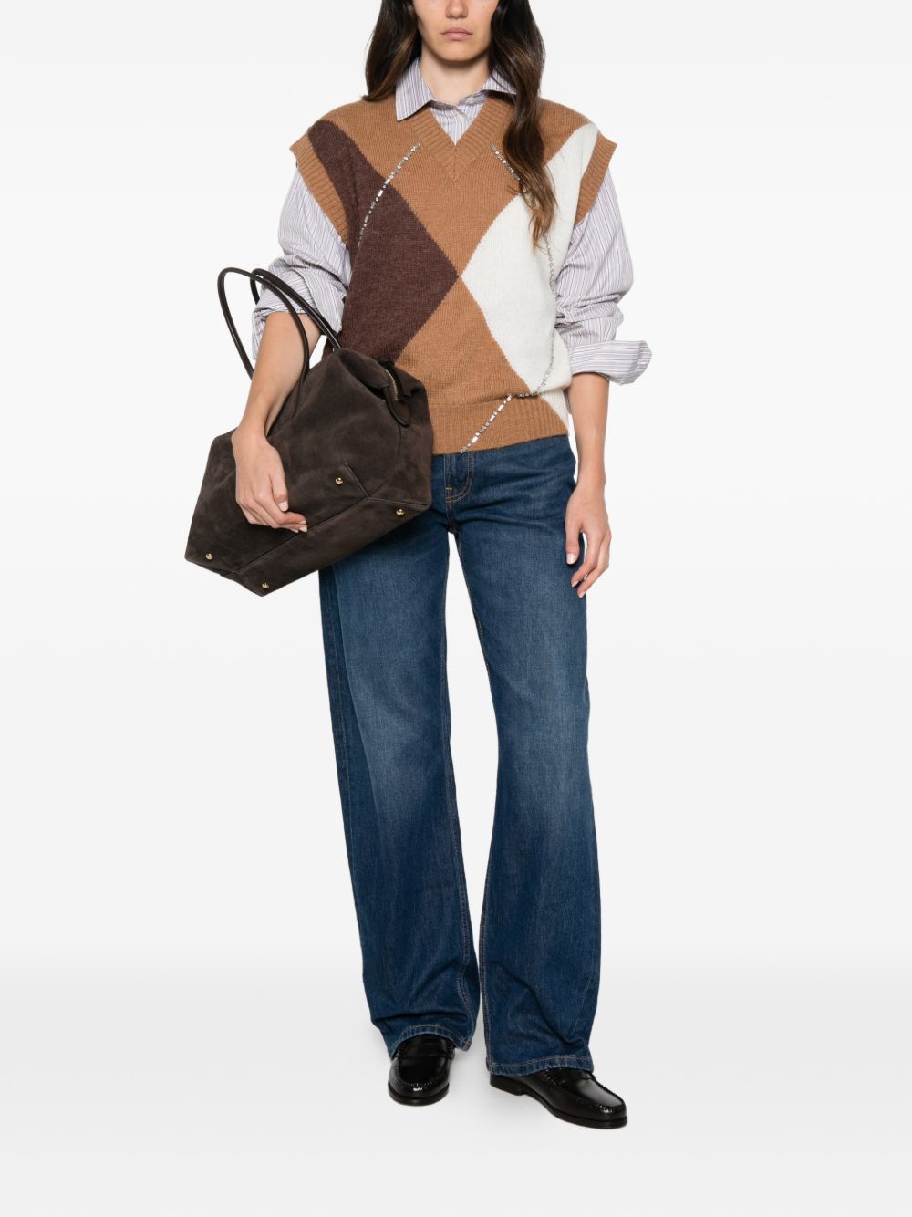 LIUJO Gilet marrone a rombi con strass