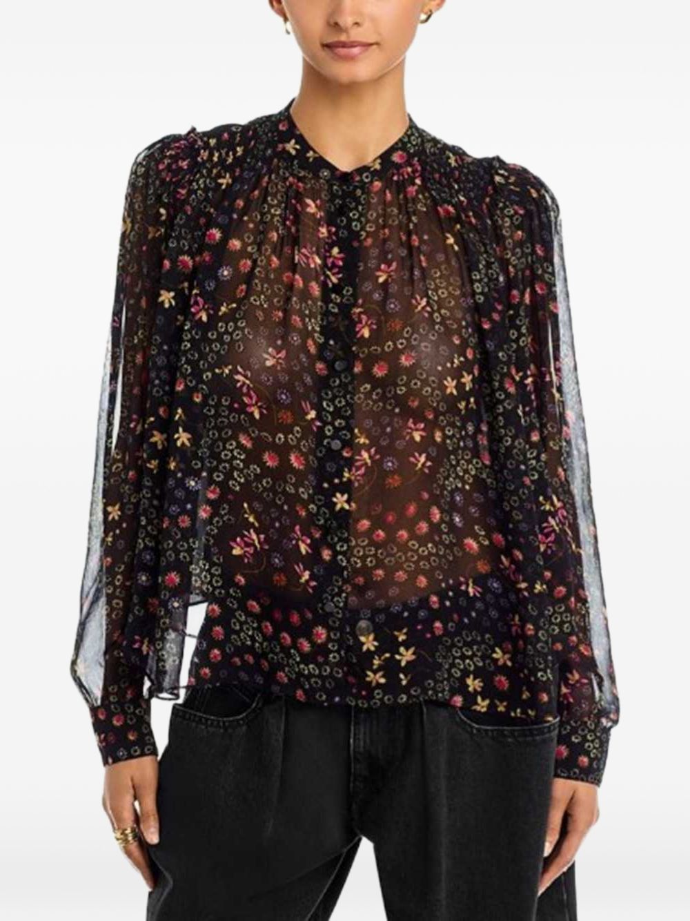 MARANT ETOILE Camicia nera semitrasparente in cotone con fantasia floreale