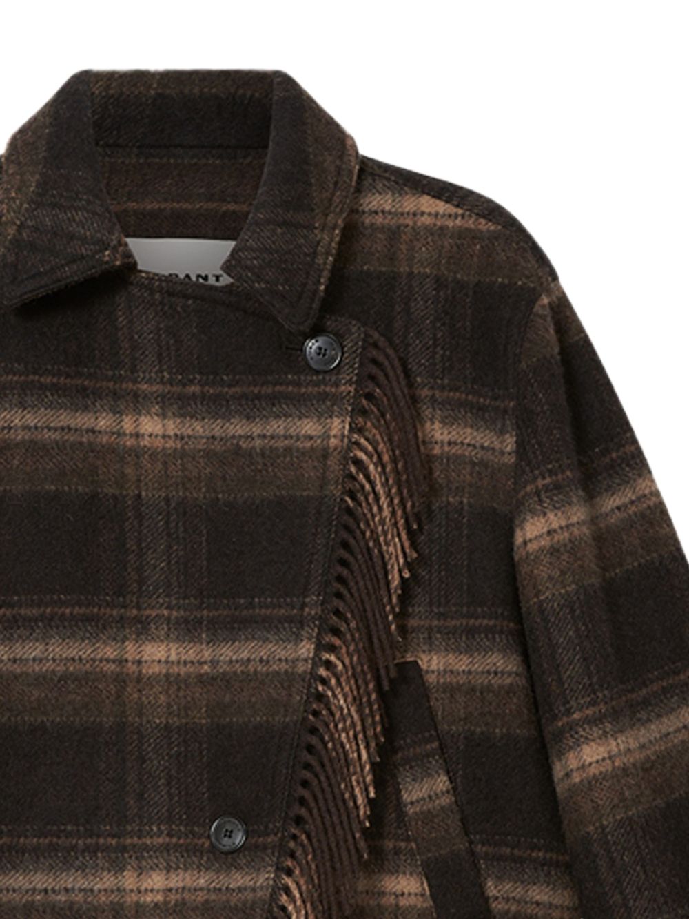 MARANT ETOILE Cappotto corto a quadri nero e kaki con frange