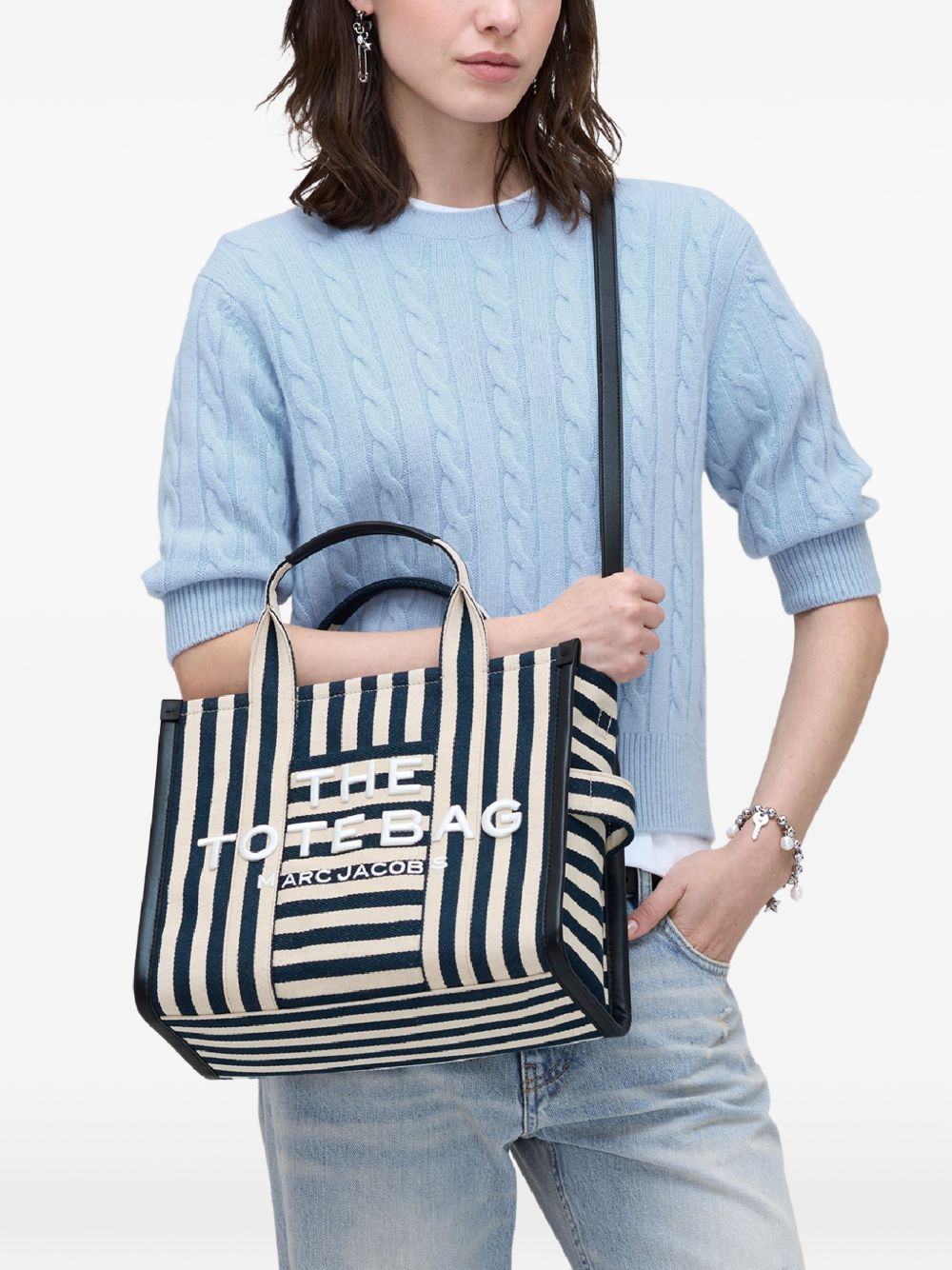 MARC JACOBS Borsa The Tote Bag in cotone a righe bianche e blu