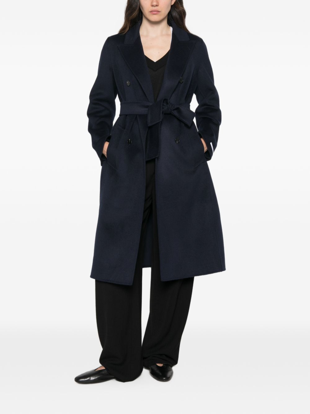 MARELLA Cappotto Laghi doppiopetto lungo blu in lana con cintura
