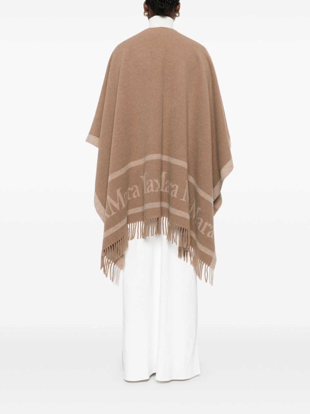 MAX MARA Poncho in pura lana con jacquard e frange