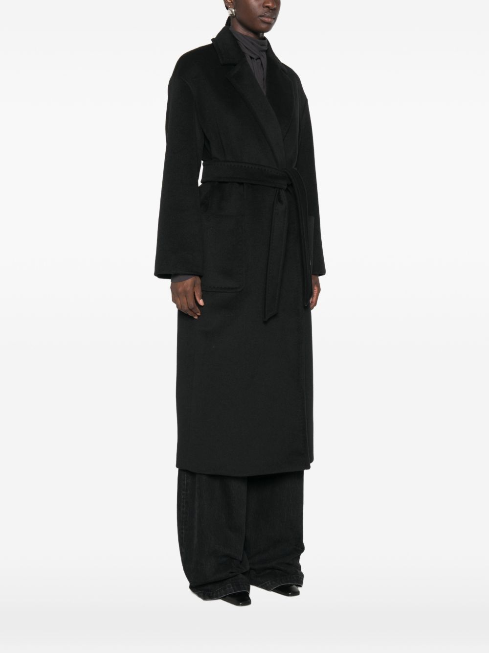 MAX MARA STUDIO Cappotto Lungo Nero in Lana con cintura