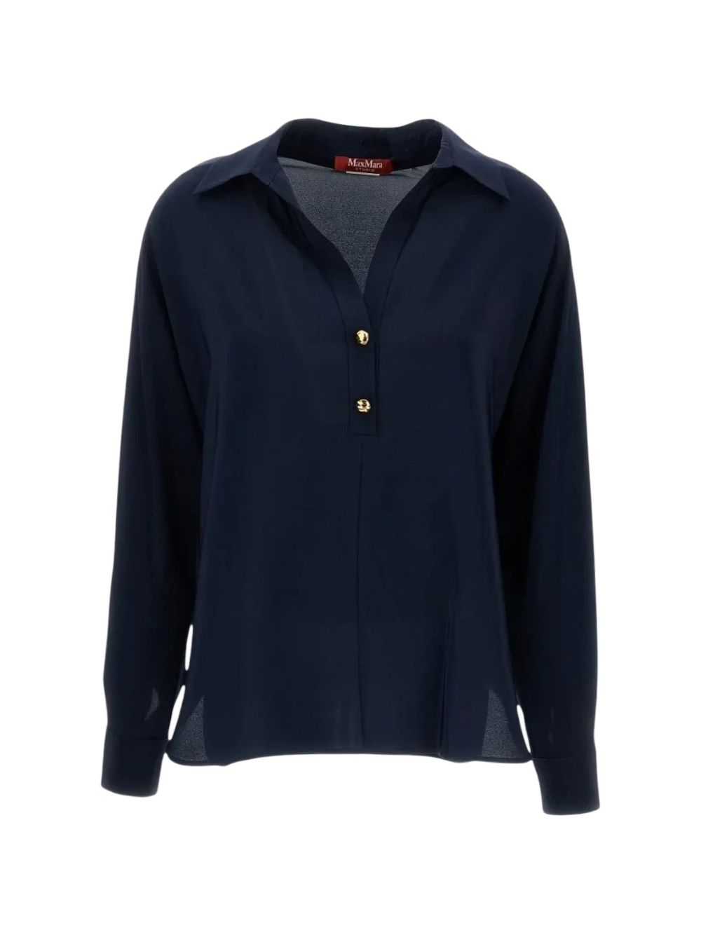 MAX MARA STUDIO Camicia blu in seta semitrasparente con bottoni dorati