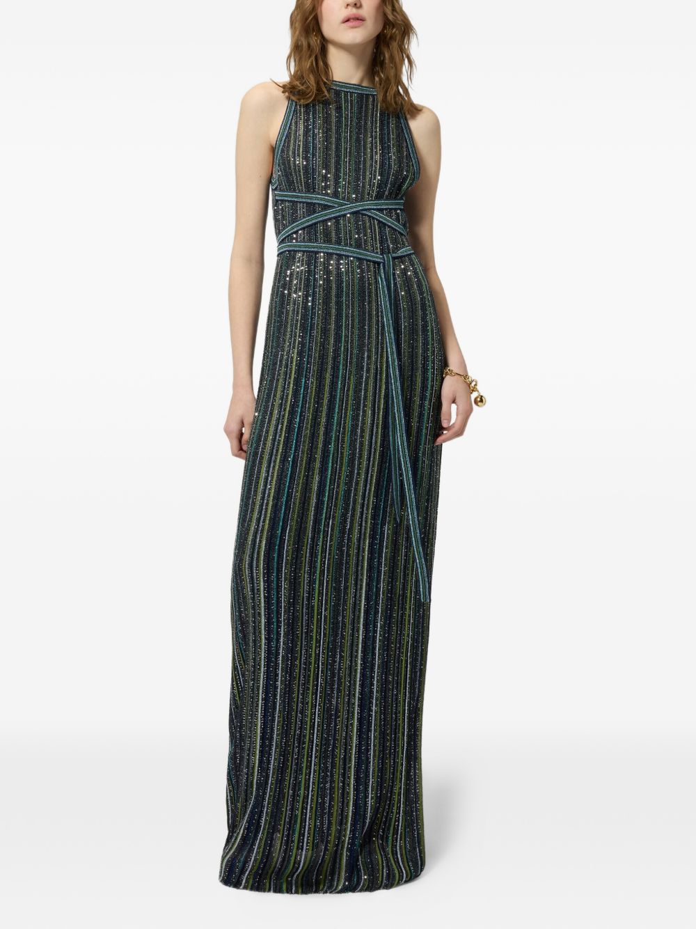 MISSONI Abito lungo verde scuro multicolor con strass e cintura regolabile