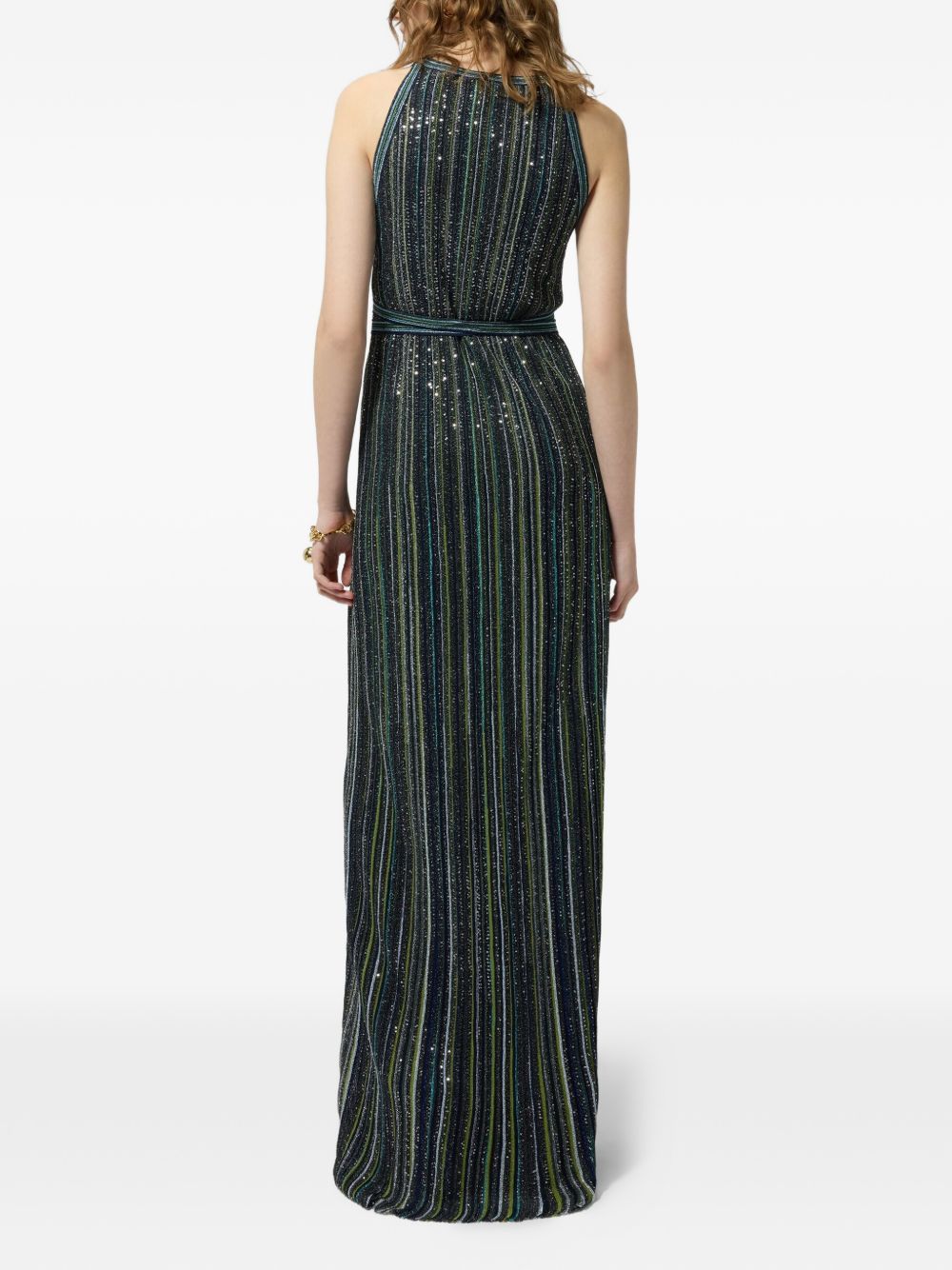MISSONI Abito lungo verde scuro multicolor con strass e cintura regolabile