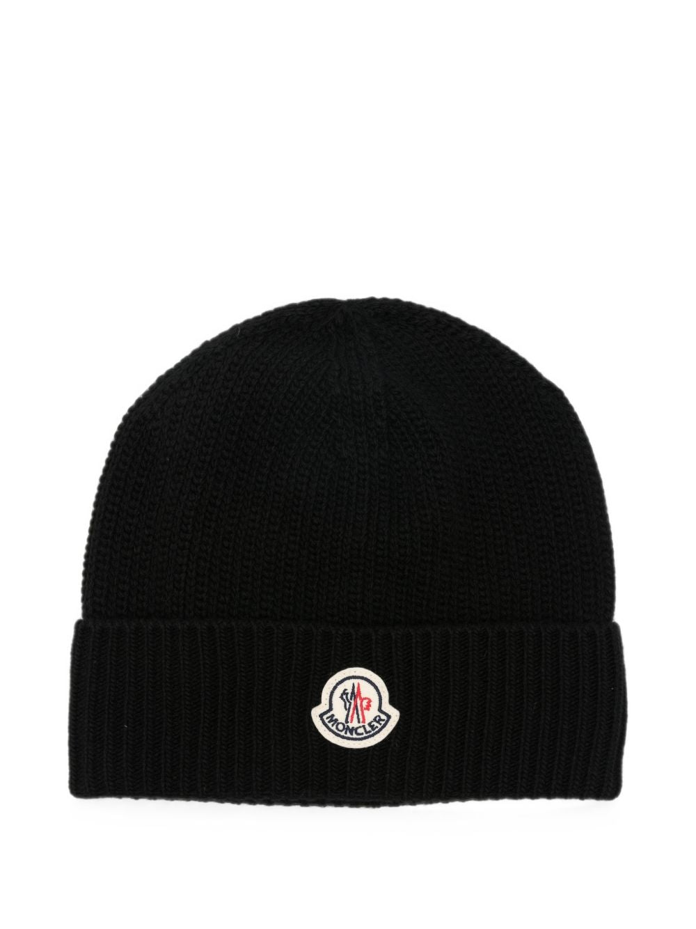 MONCLER Berretto nero in lana a coste con logo