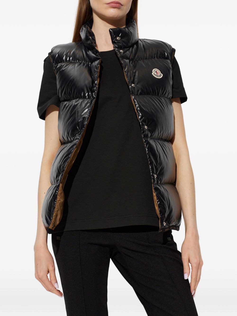 MONCLER Gilet imbottito nero lucido con collo alto