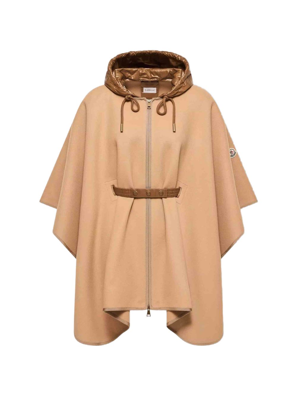 MONCLER Cappa mantella cammello con cintura in vita e cappuccio imbottito