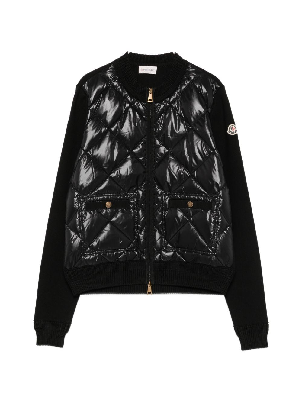 MONCLER Piumino corto nero lucido con tasche e collo alto