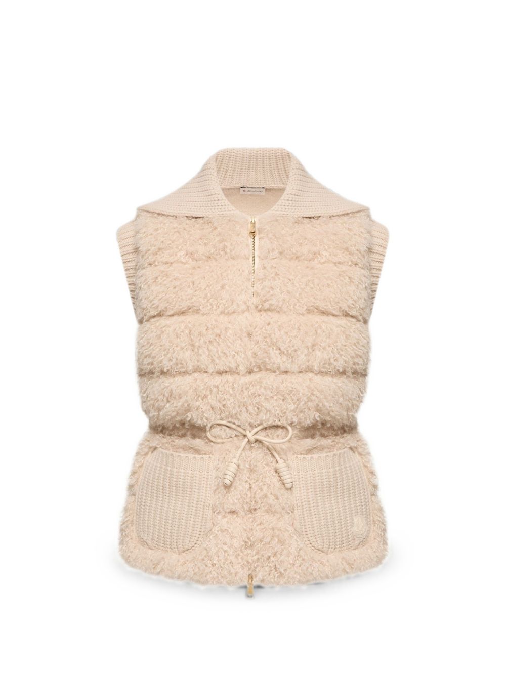 MONCLER Gilet in maglia imbottito con cintura in vita e texture effetto fur