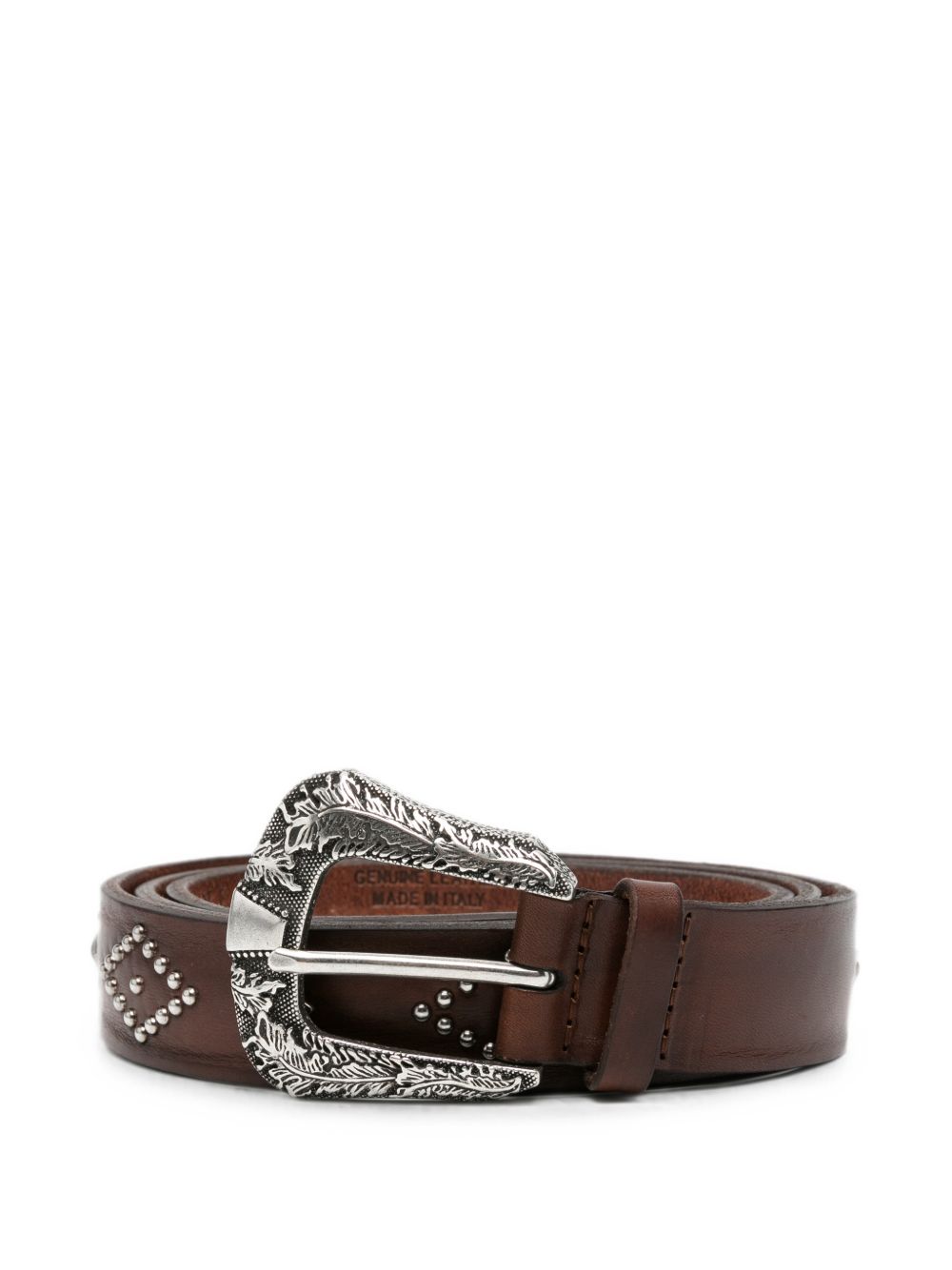 ORCIANI Cintura Antique in pelle marrone con fibbia argentata e borchiette