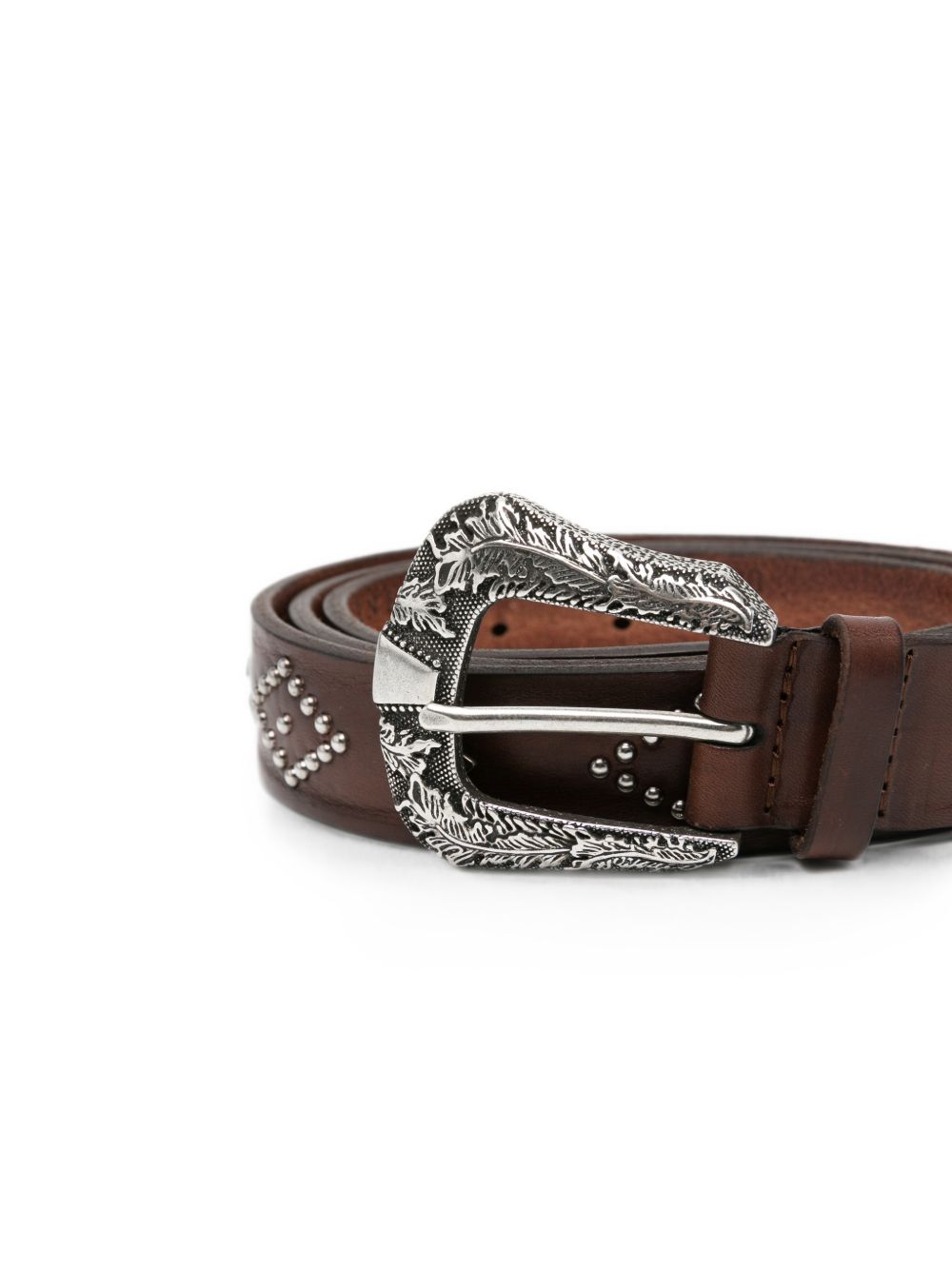 ORCIANI Cintura Antique in pelle marrone con fibbia argentata e borchiette