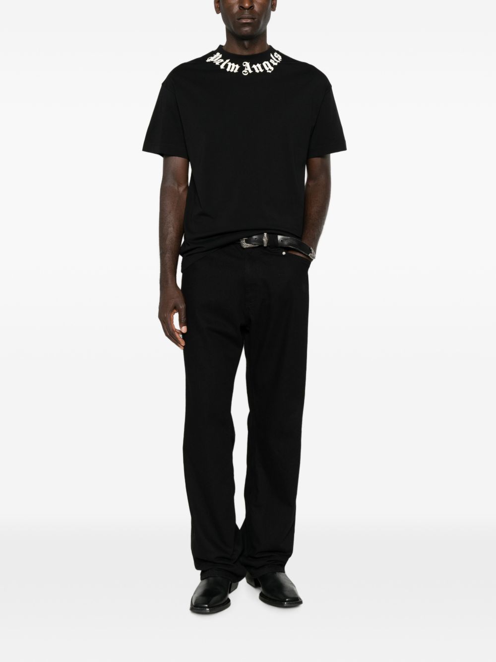 PALM ANGELS T-shirt girocollo a maniche corte con stampa logo nera