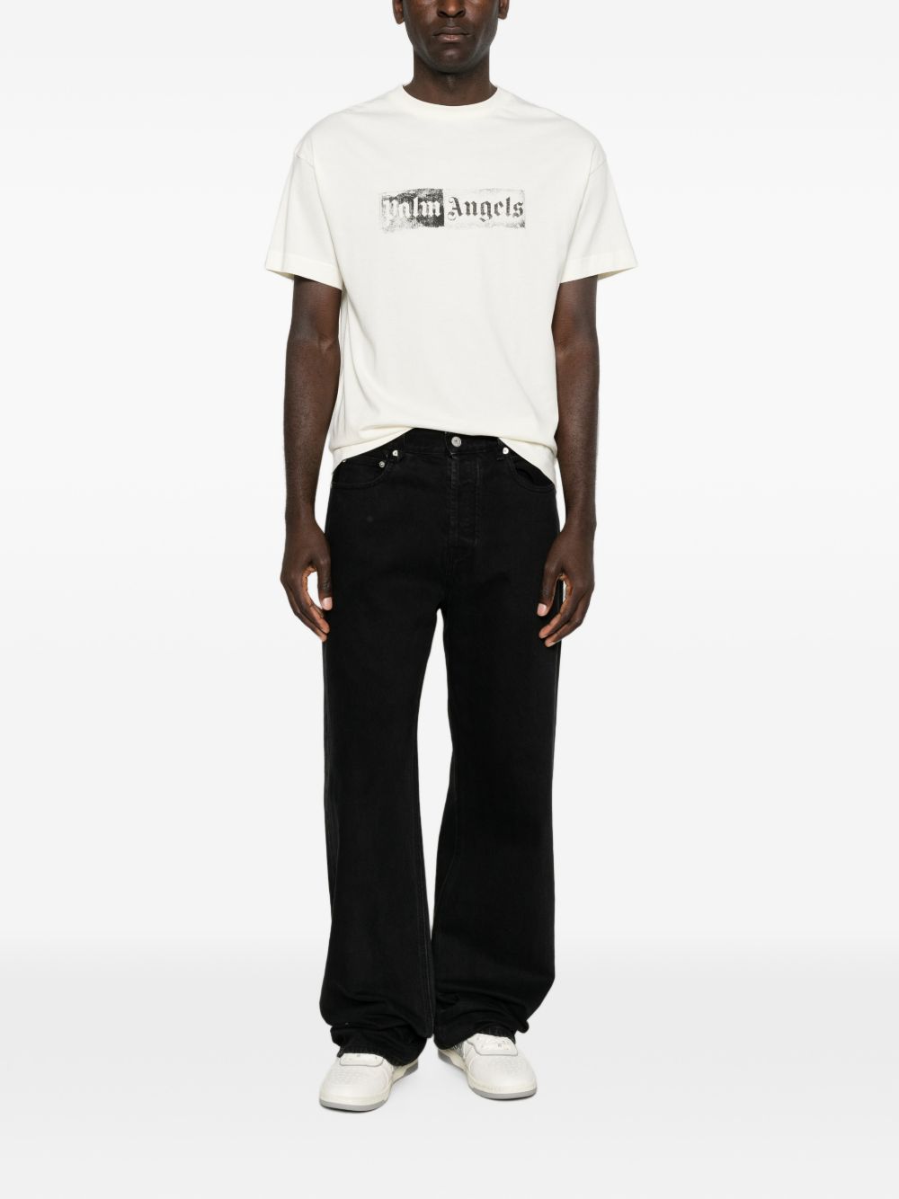 PALM ANGELS T-shirt girocollo a maniche corte con stampa tipografica nera bianca