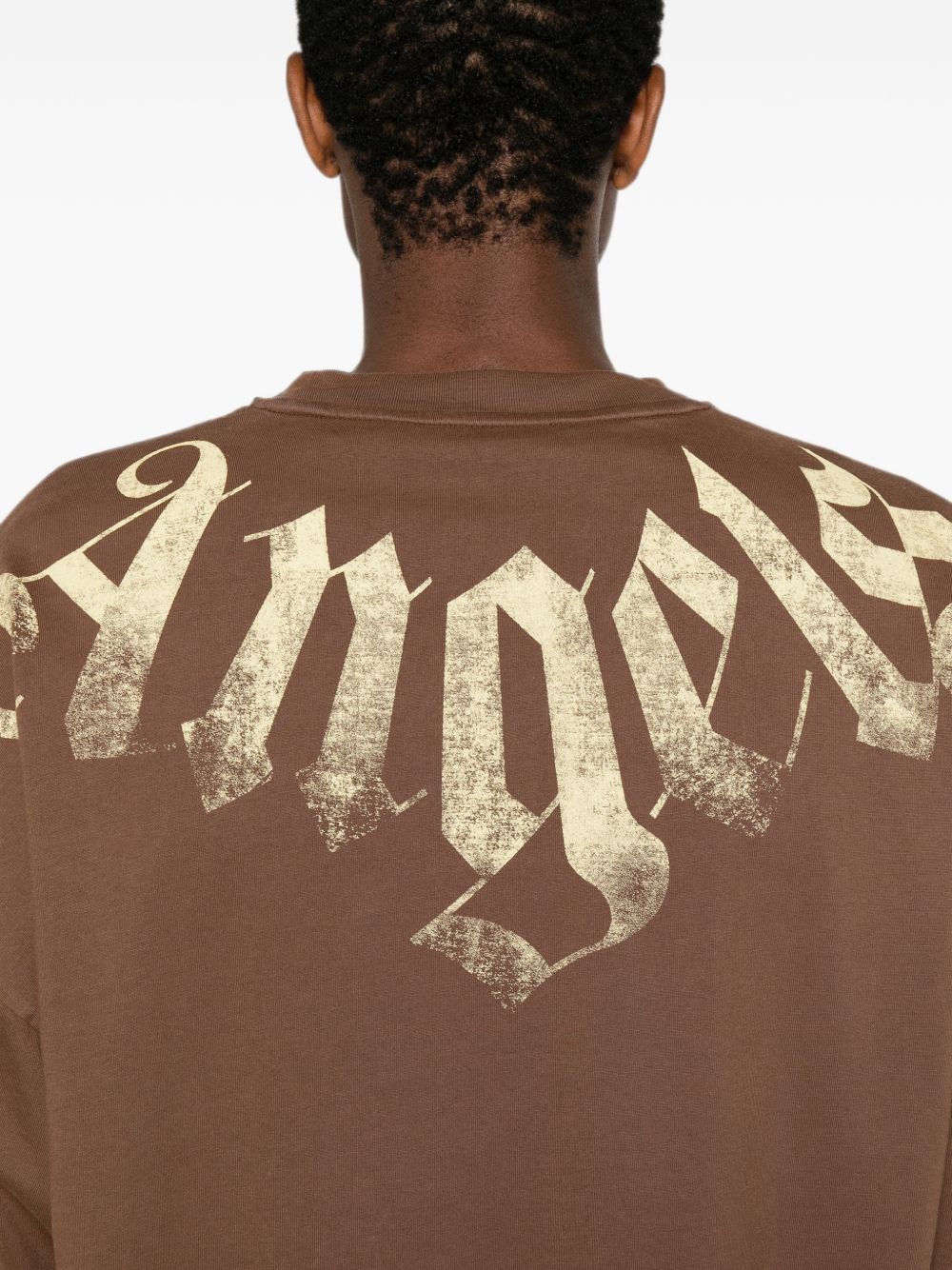 PALM ANGELS T-shirt marrone a maniche over 3/4 con stampa tipografica bianca