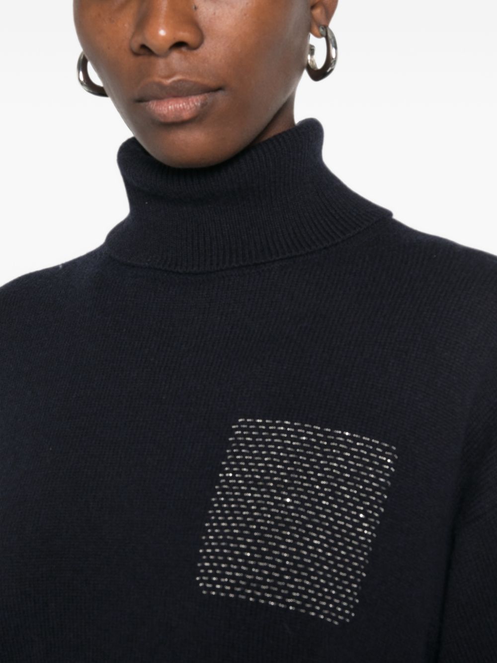 PESERICO Maglia blu in lana a collo alto con strass sul petto