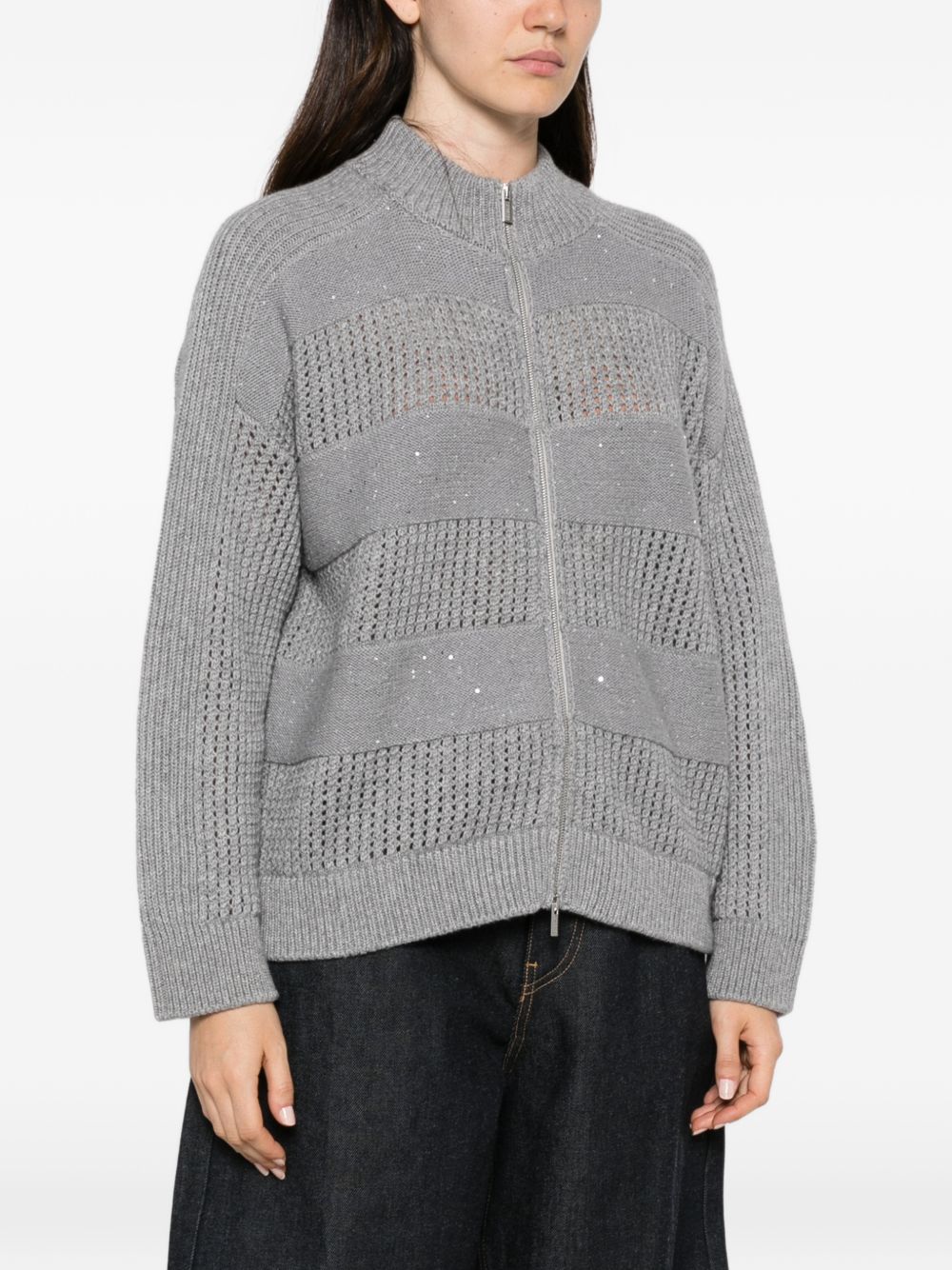 PESERICO Cardigan grigio in lana con zip e strass