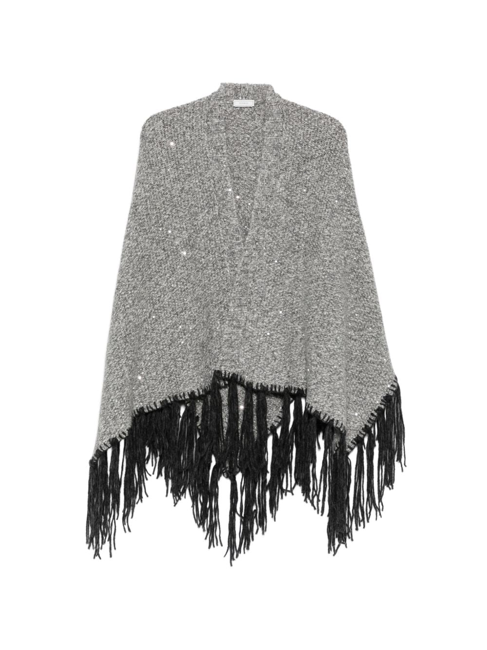 PESERICO Poncho grigio in lana con strass e frange nere