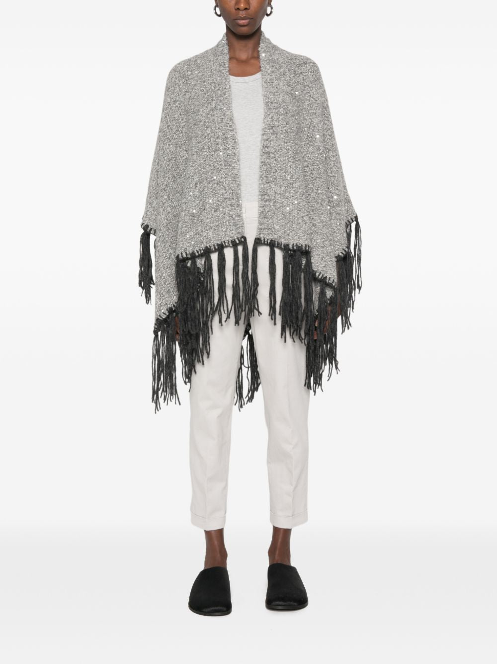 PESERICO Poncho grigio in lana con strass e frange nere