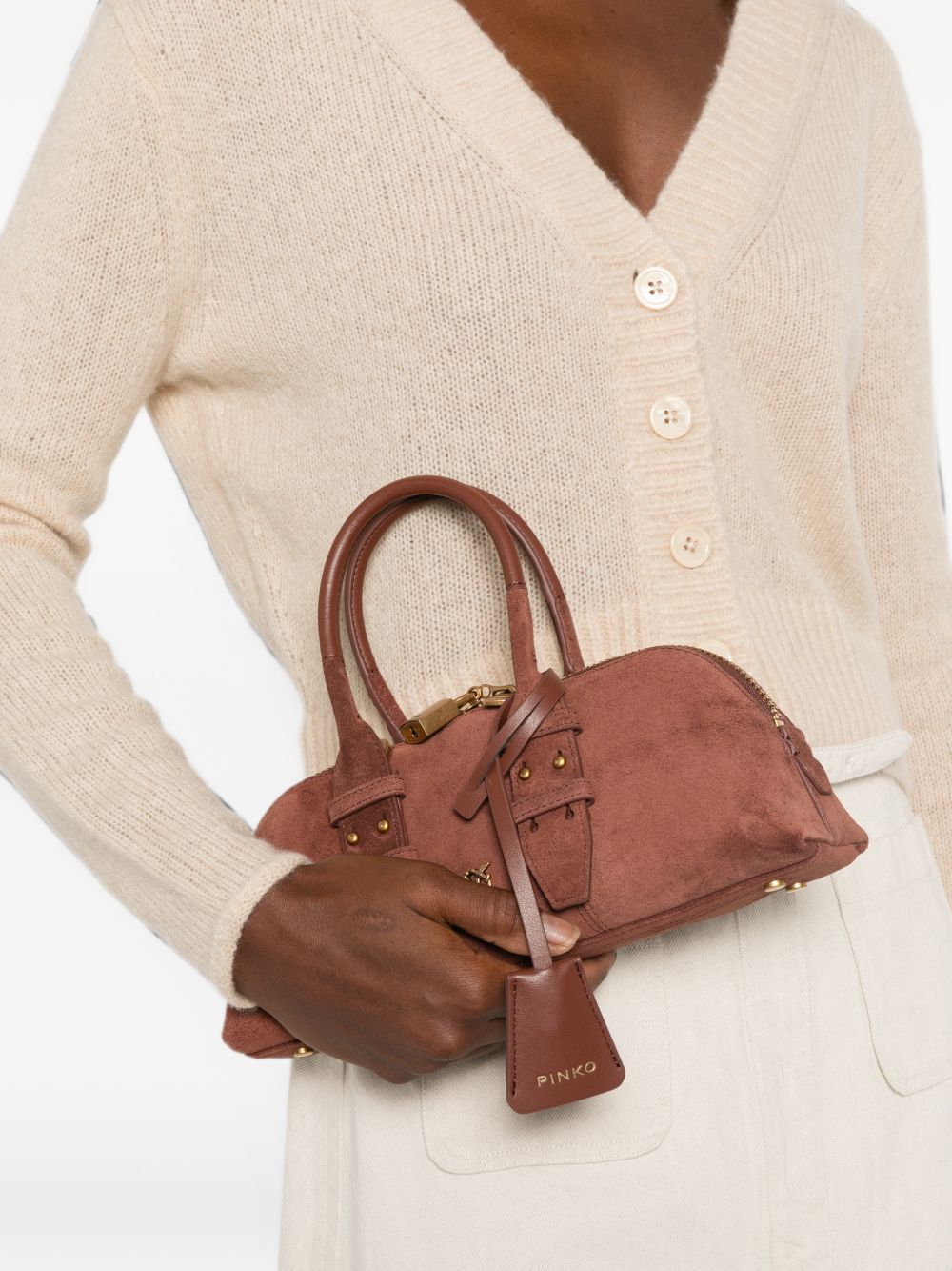 PINKO Borsa Bowling Bag Horizo in suede con charm dorati