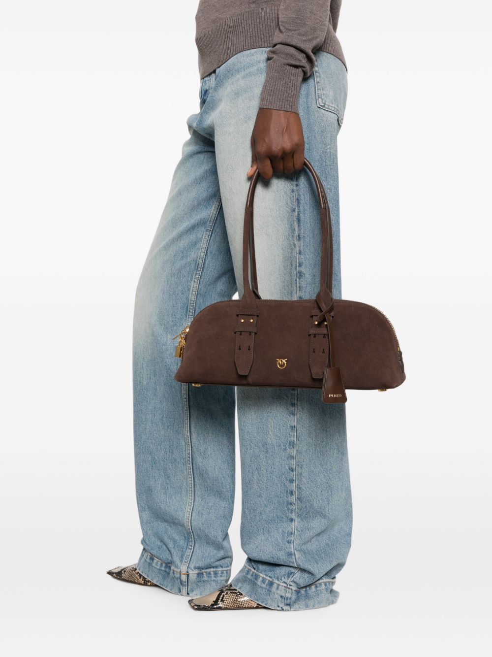 PINKO Borsa Bowling Horizontal in suede marrone con charm dorati