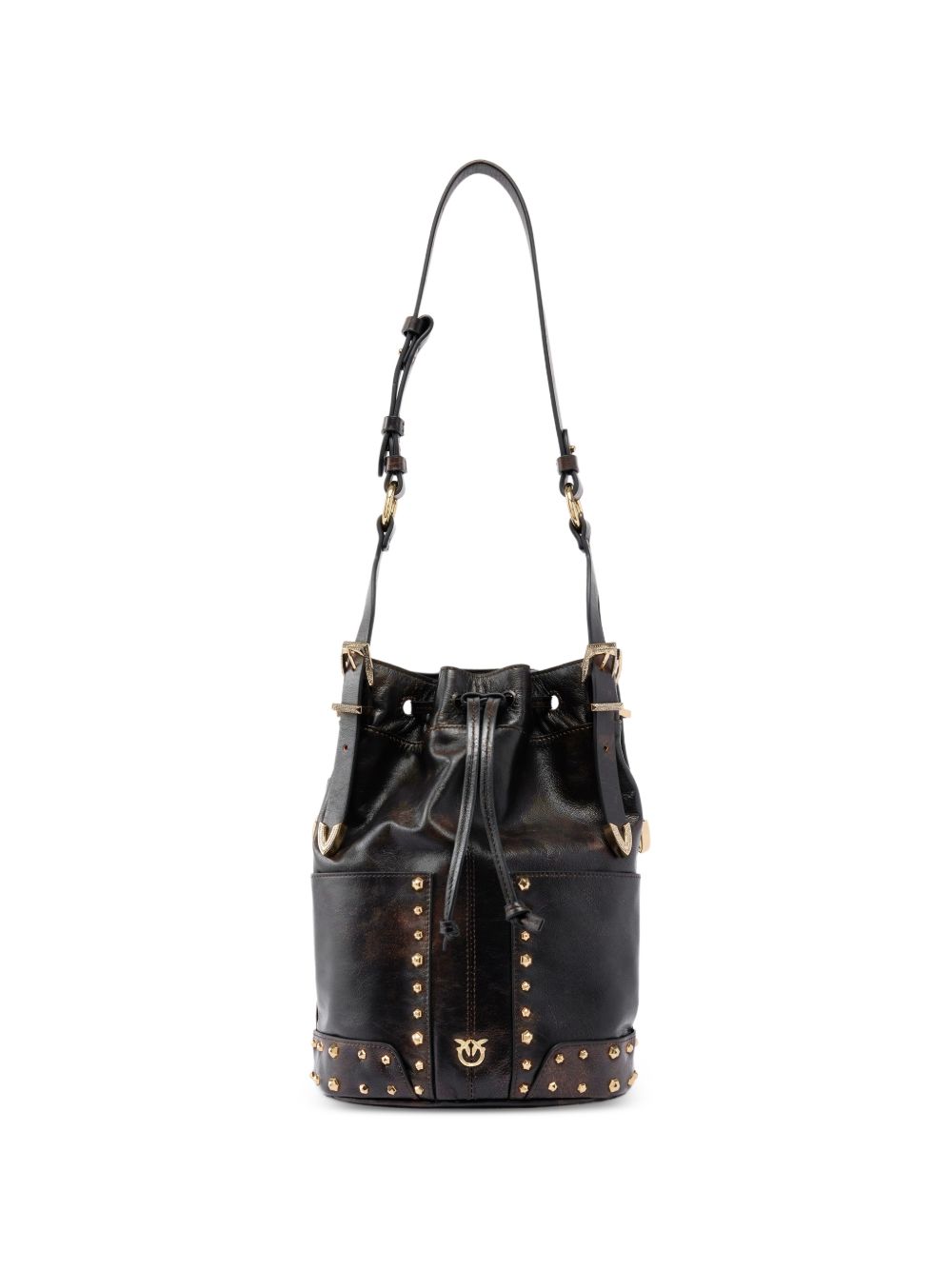 PINKO Borsa a secchiello Bucket Mini in pelle con borchie dorate