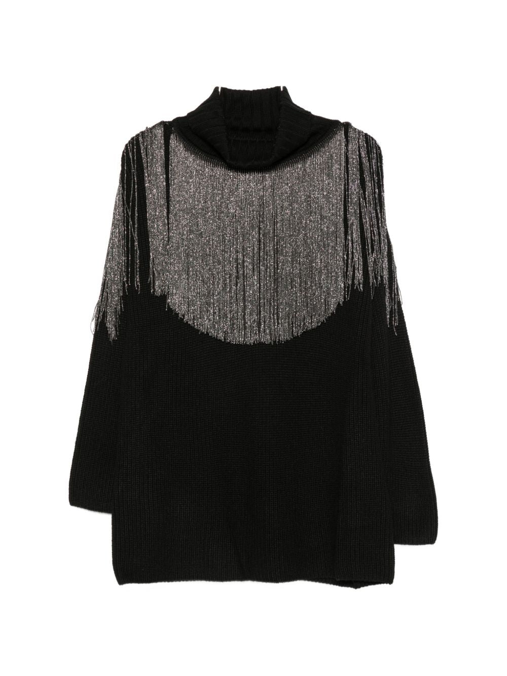 PINKO Maglia nera a collo alto Camaro con frange in strass