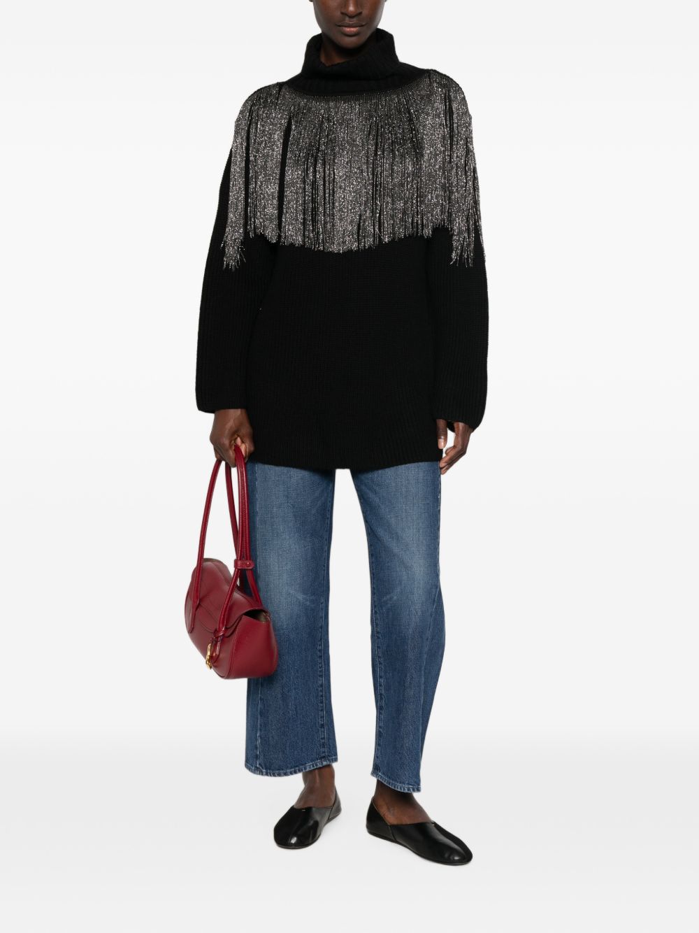 PINKO Maglia nera a collo alto Camaro con frange in strass