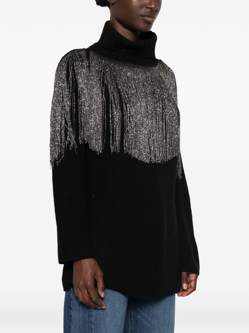 PINKO Maglia nera a collo alto Camaro con frange in strass