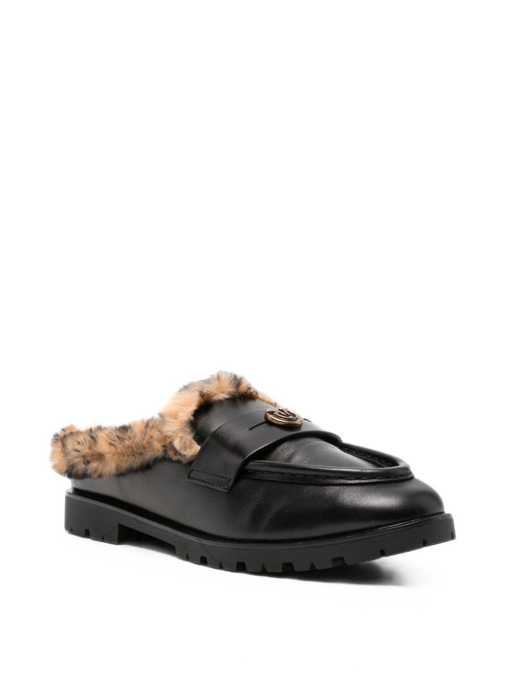 PINKO Sabot neri in pelle Nora con fur animalier