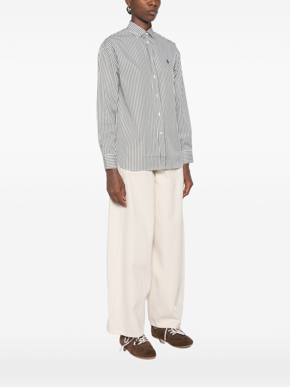 POLO RALPH LAUREN Camicia blusa a righe verdi con logo ricamato sul petto