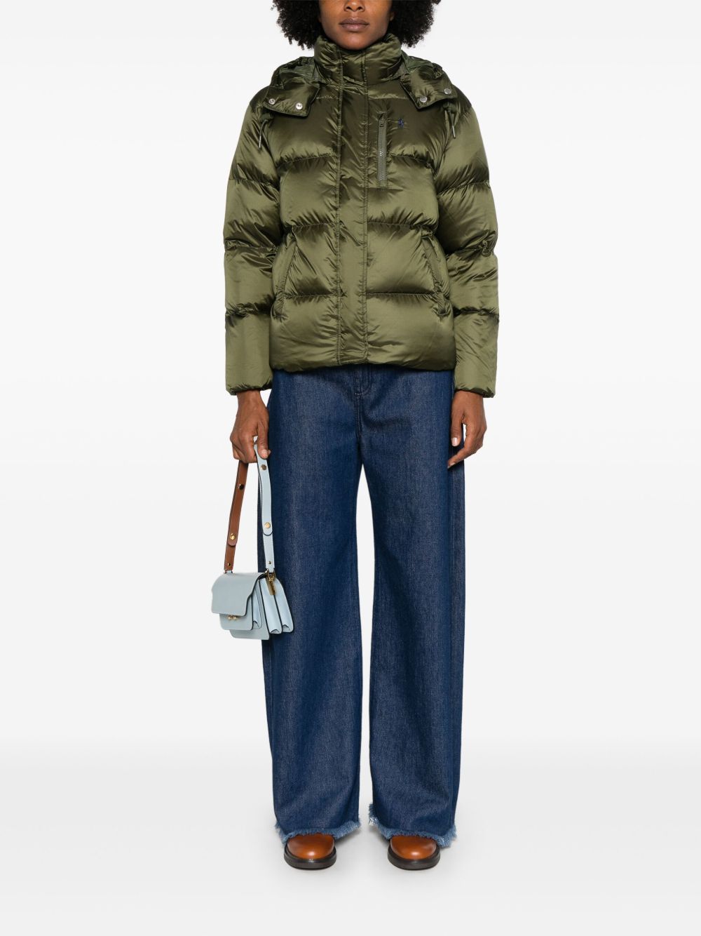 POLO RALPH LAUREN Piumino corto verde oliva con cappuccio e tasche