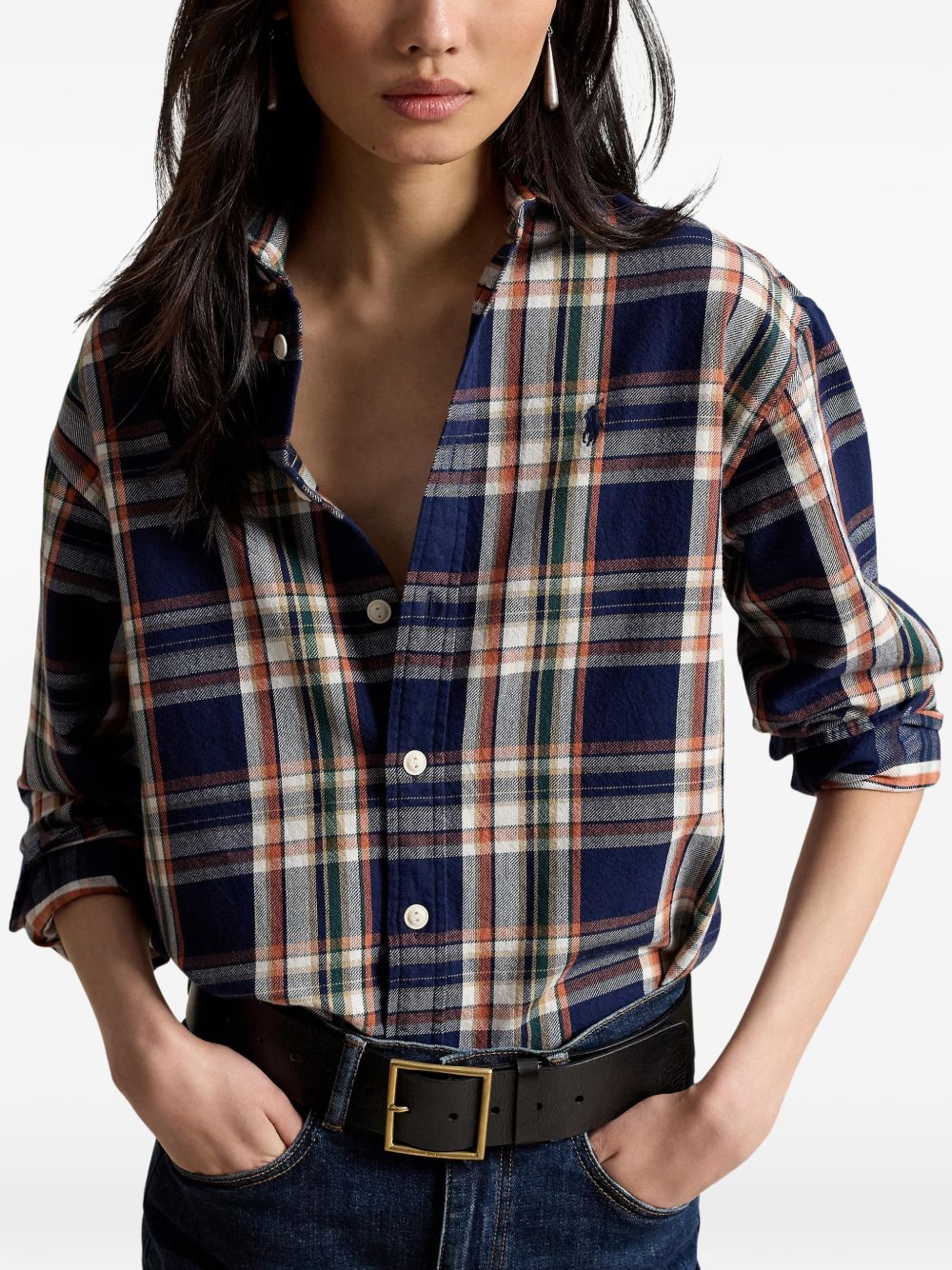 POLO RALPH LAUREN Camicia a quadri blu e arancione in cotone