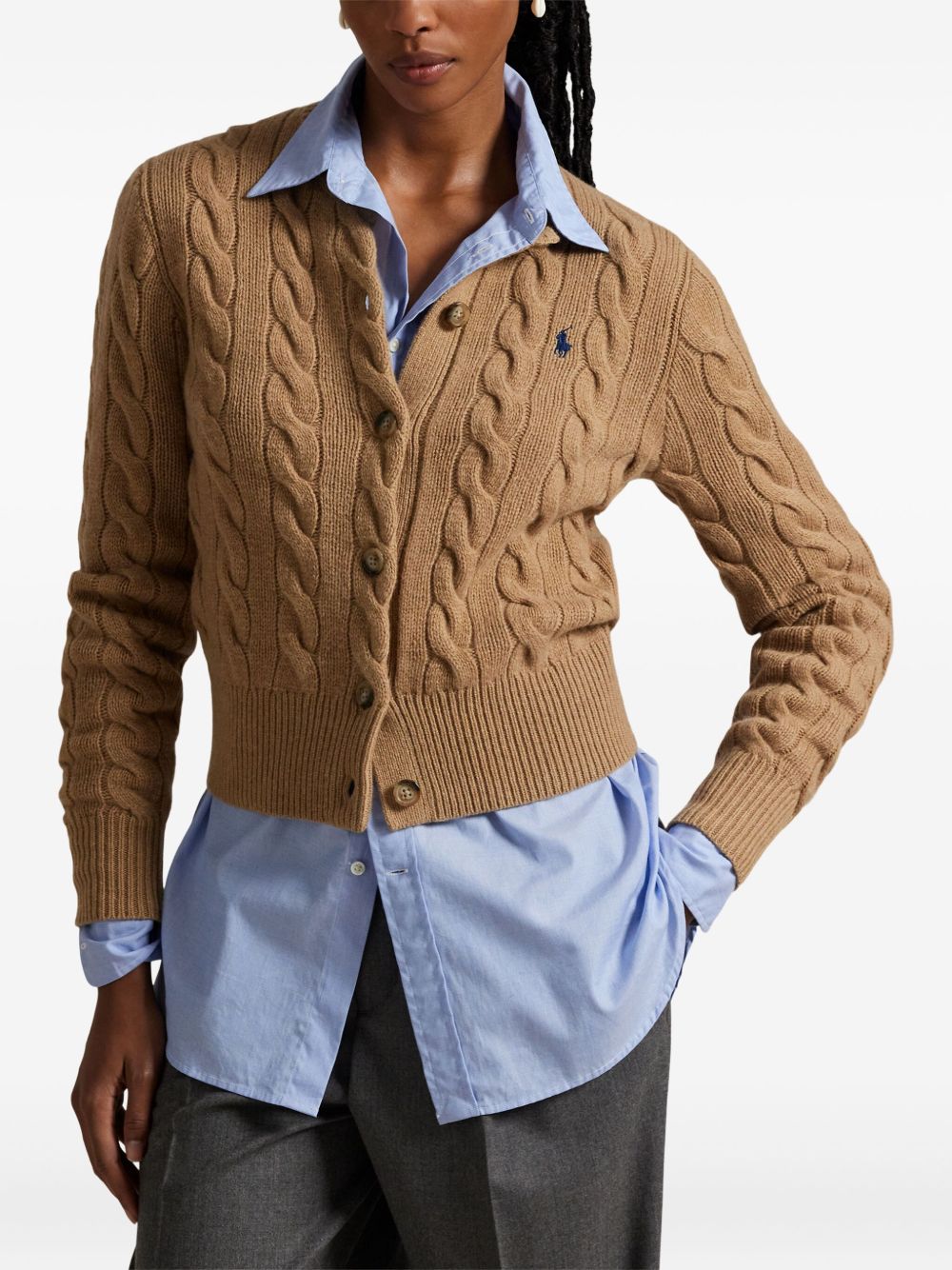 POLO RALPH LAUREN Cardigan in maglia marrone con logo ricamato