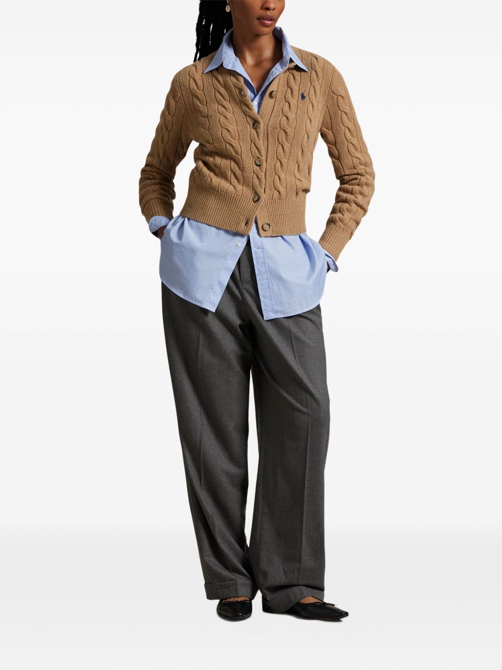 POLO RALPH LAUREN Cardigan in maglia marrone con logo ricamato