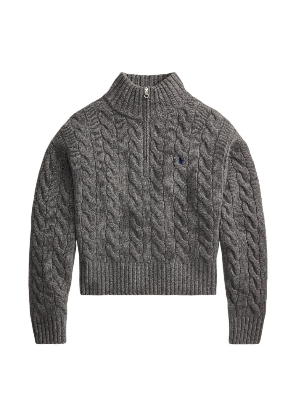 POLO RALPH LAUREN Cardigan corto grigio con zip e collo alto a trecce