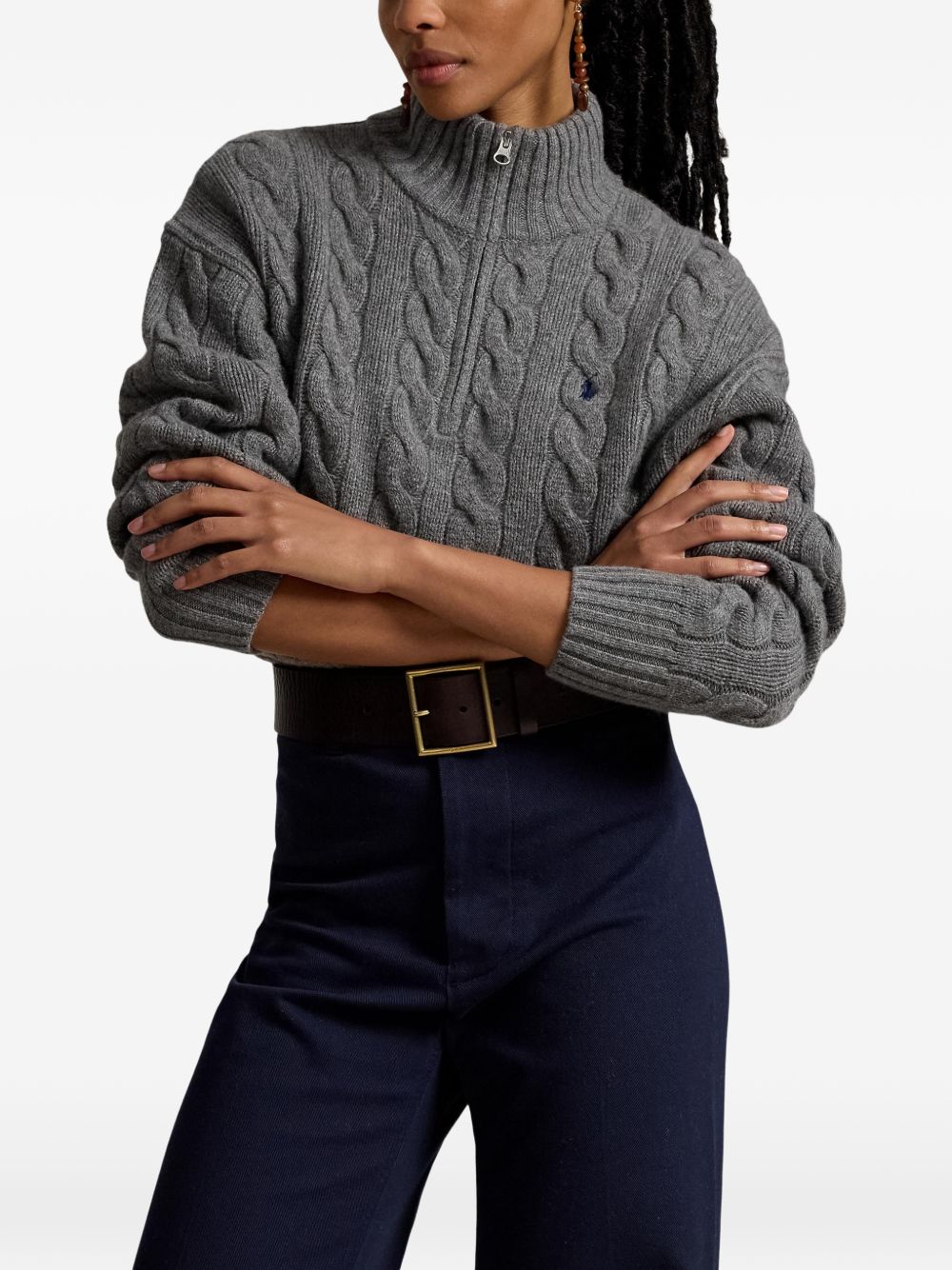 POLO RALPH LAUREN Cardigan corto grigio con zip e collo alto a trecce