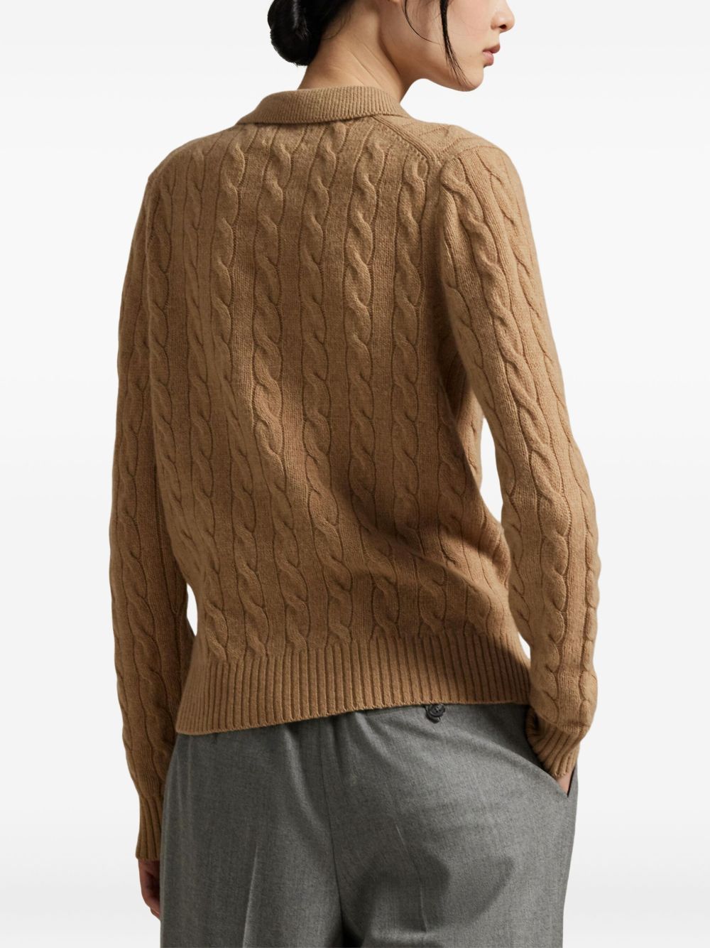 POLO RALPH LAUREN Maglia in lana marrone con colletto e trama a trecce