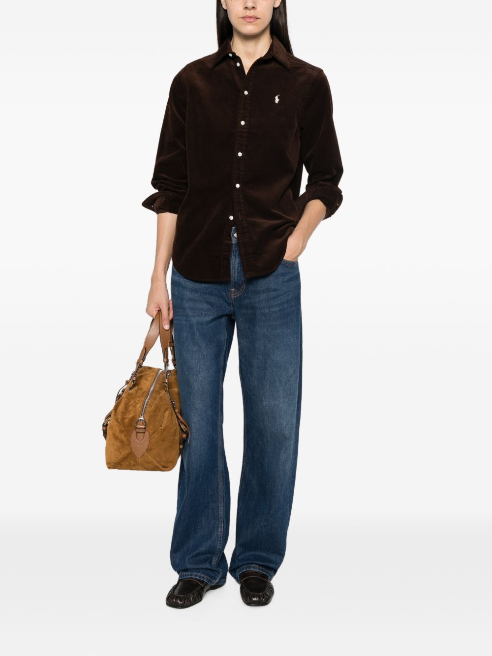 POLO RALPH LAUREN Camicia marrone in velluto con logo ricamato sul petto