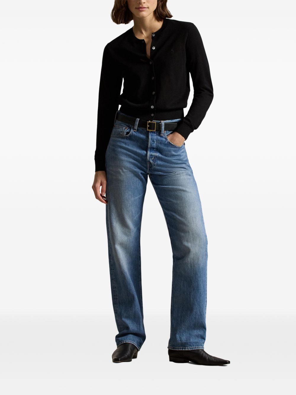 POLO RALPH LAUREN Cardigan nero in lana con bottoni e logo ricamato