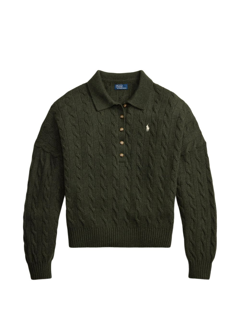 POLO RALPH LAUREN Polo a maniche lunghe verde scuro con logo e design a trecce