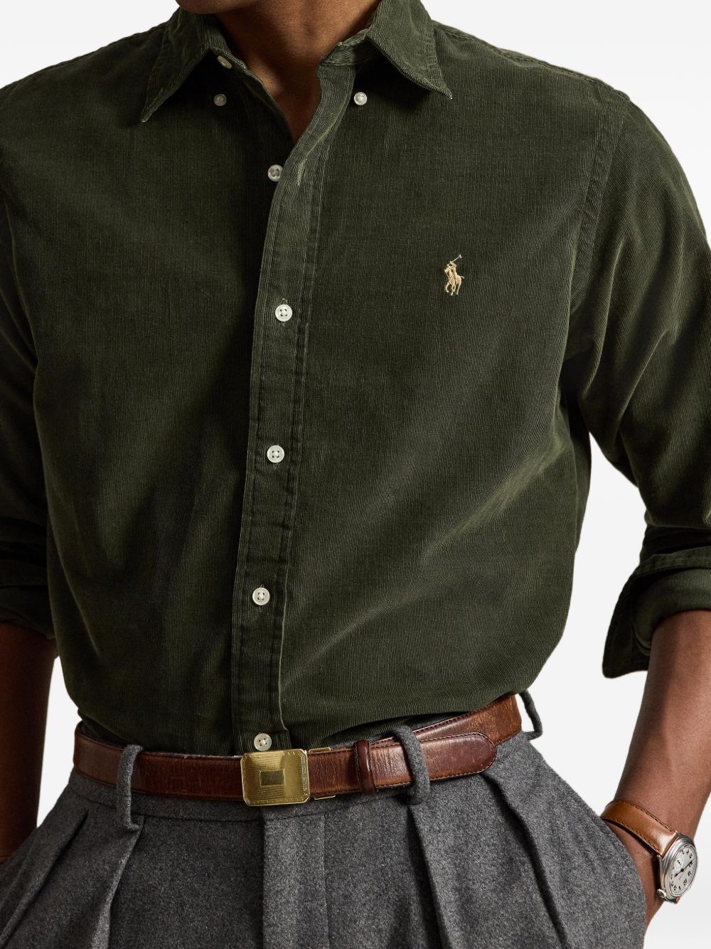 POLO RALPH LAUREN Camicia verde scuro in velluto con logo