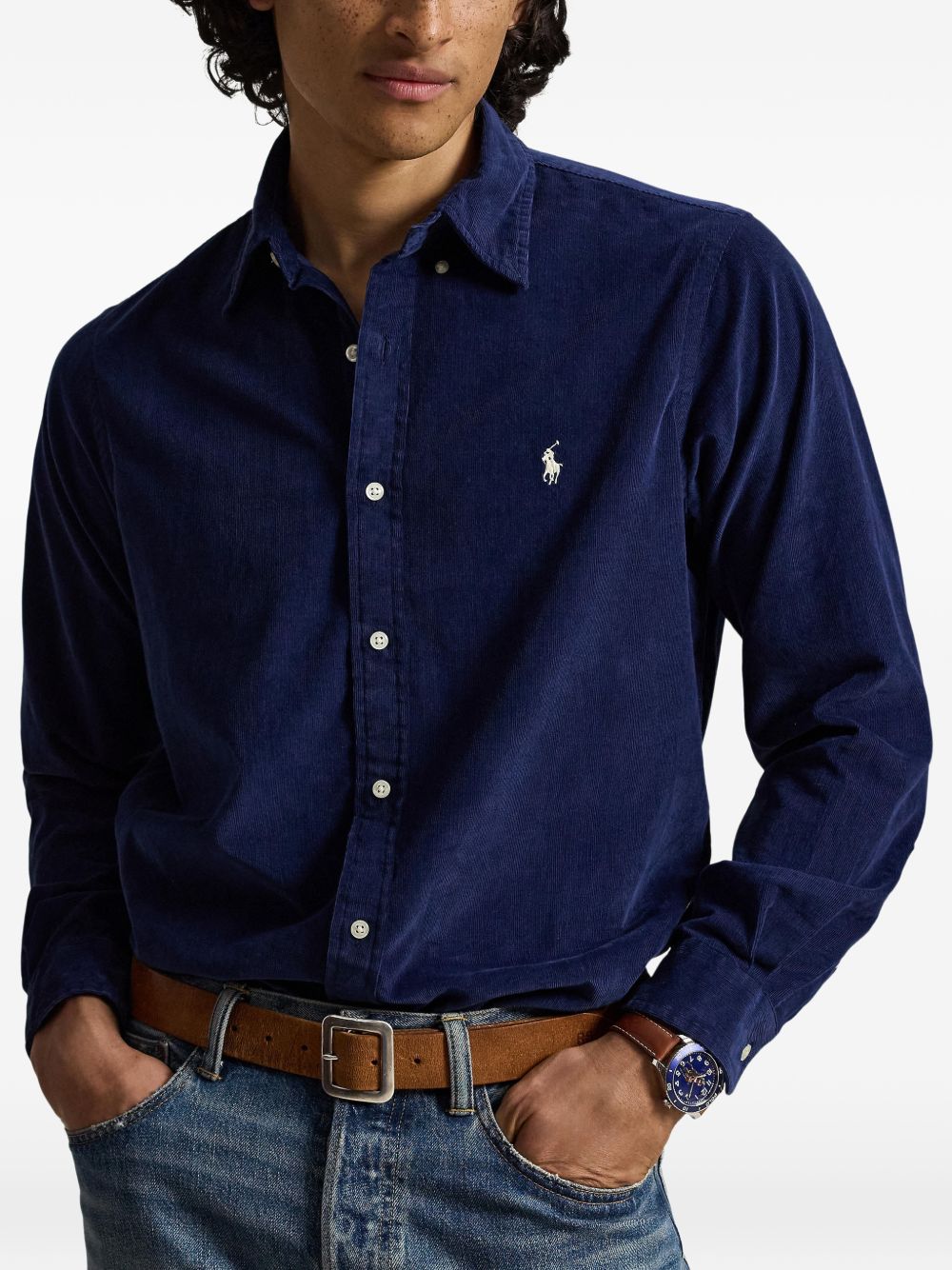 POLO RALPH LAUREN Camicia blu in velluto con logo ricamato