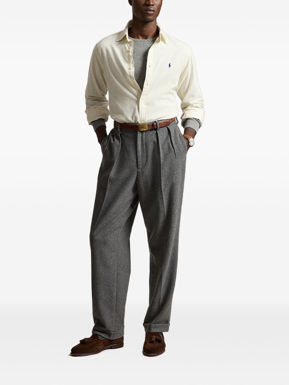 POLO RALPH LAUREN Camicia crema in velluto con logo ricamato