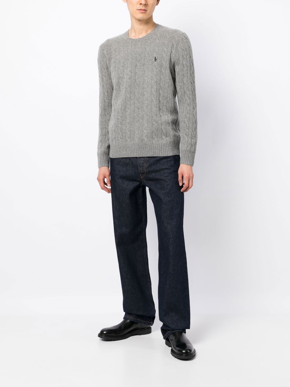 POLO RALPH LAUREN Maglia girocollo in cotone grigio chiaro con texture intrecciata
