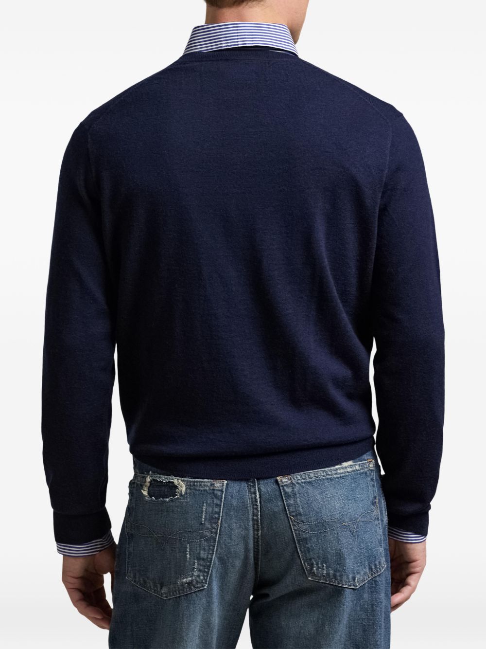 POLO RALPH LAUREN Maglia in lana blu con scollo a V e logo ricamato sul petto