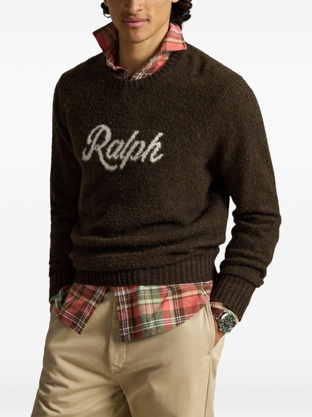 POLO RALPH LAUREN Maglia girocollo in lana misto cashmere marrone con logo Jacquard