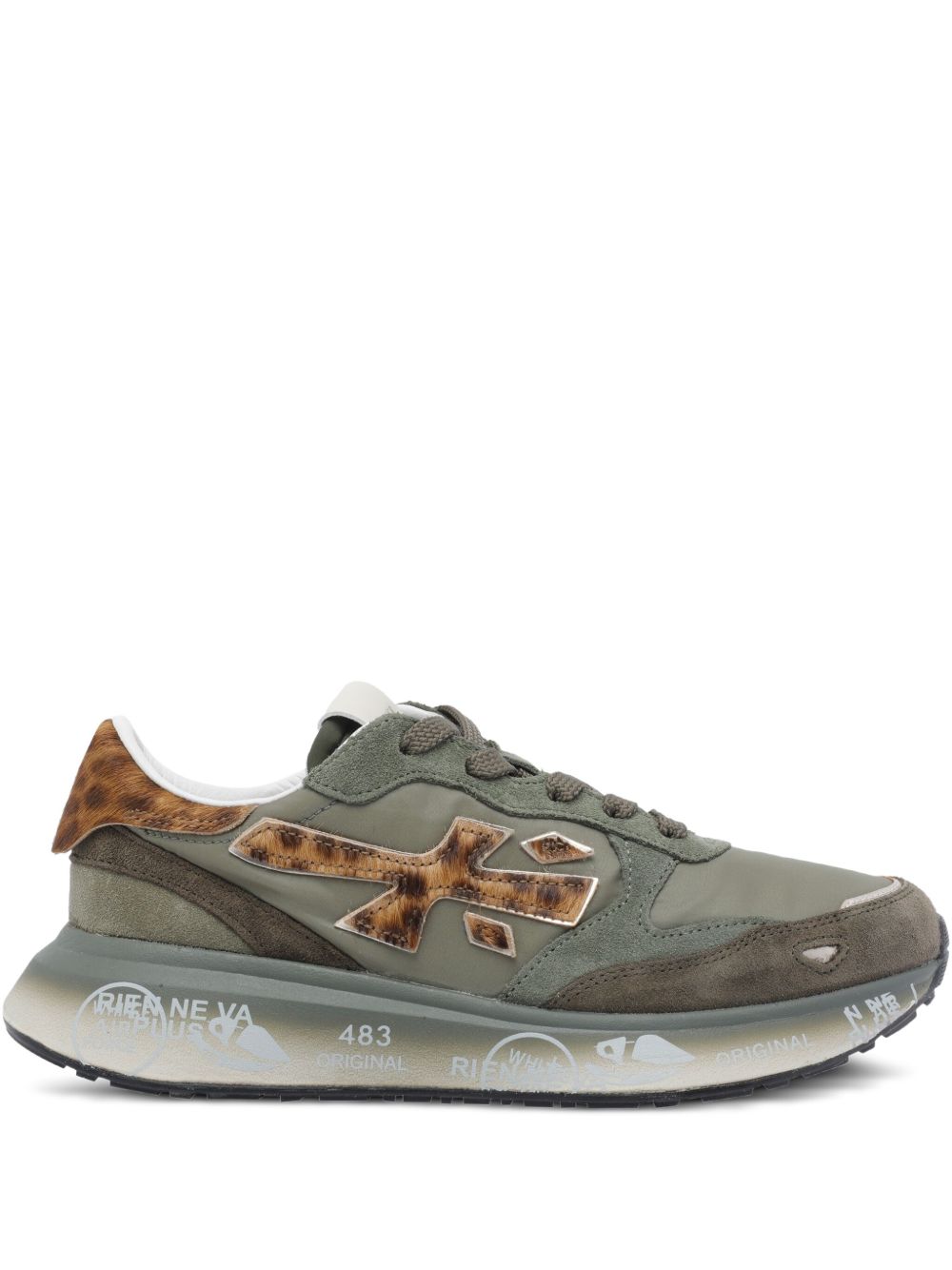 PREMIATA Sneakers in Tessuto e Suede Verde Salvia e Oliva con Dettagli Animalier